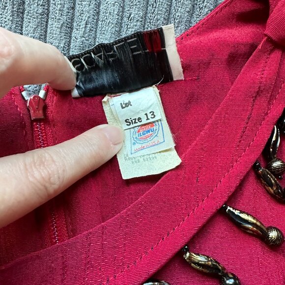 Vintage Scarlett 80's 90's Red Ethnic Mini Dress Beaded Collar Witchy Boho - Picture 11 of 11